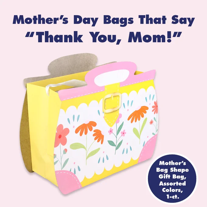 Colorful gift bag shaped like a purse with floral patterns, designed for Mother's Day presents.