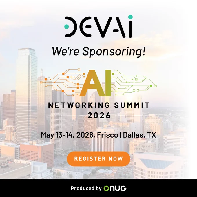 Promotional event graphic featuring the DevAI logo and the text "We're Sponsoring!" set against a Dallas skyline. AI Networking Summit 2026, May 13–14, Frisco/Dallas TX. Produced by ONUG.