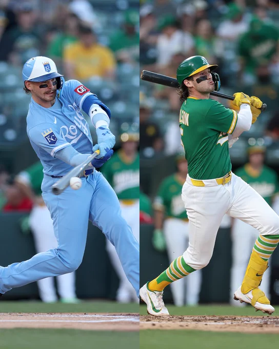 A split image of Bobby Witt Jr. and Jacob Wilson
(Left) Bobby Witt Jr. swings a bat wearing a powder blue Royals jersey and a blue and white helmet.
(Right) Jacob Wilson swings a bat wearing a kelly green A’s jersey and a green and yellow helmet.