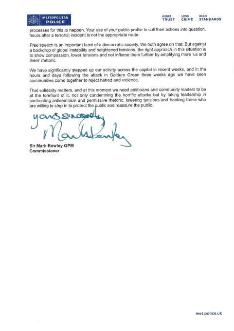 Commissioner Sir Mark Rowley's letter to Green Party Leader Zack Polanski.