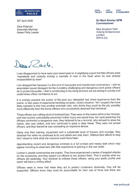 Commissioner Sir Mark Rowley's letter to Green Party Leader Zack Polanski.