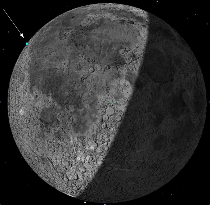 This is the spot where a Falcon 9 upper stage rocket body will collide with the moon on August 5, 2026. The spent rocket will hit the moon at 5,400 mph (8,700 kph). Image via Bill Gray. Used with permission. (via EarthSky)