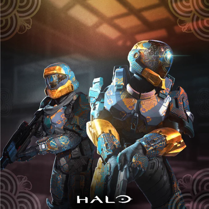  Image of two Spartans wearing the Asian and Pacific Islander Heritage Month coating and visor in Halo Infinite