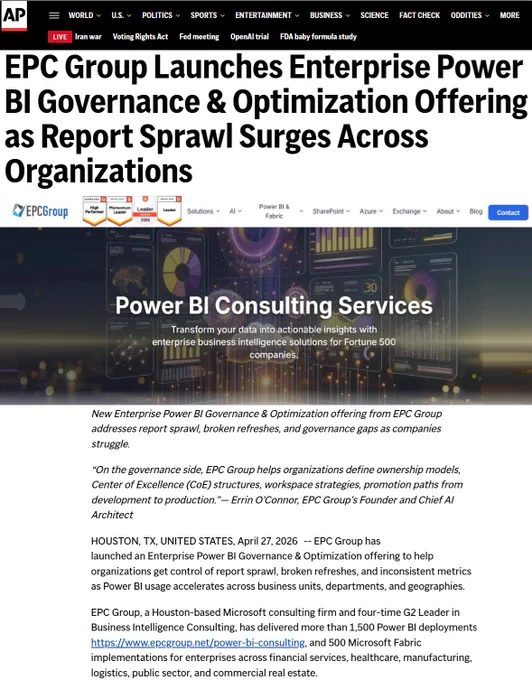 📊 After 1,500  Power BI deployments, here's the #1 killer of enterprise BI:

It's NOT adoption.
It's NOT licensing.
It's NOT the tooling.

🚨 It's CONTENT SPRAWL. 🚨

Every mature Power BI environment I've walked into over the last decade hits the same wall:

🔴 Hundreds of dashboards nobody owns
🔴 5  semantic models defining the same KPI
🔴 17 versions of "revenue"
🔴 Monday-morning refresh failures
🔴 A CFO who stopped trusting the numbers in year two

🎯 And now the stakes just got higher.

Because content sprawl isn't just a BI problem anymore — it's the #1 reason Microsoft Copilot rollouts surface the WRONG data to the WRONG people. 🤖❌

Copilot doesn't fix your sprawl. Copilot EXPOSES it.

⚡ That's why we built the Enterprise Power BI Governance & Optimization offering — 4 pillars, $50K–$150K scope:

1️⃣ Governance   operating model (CoE, workspaces, dev→prod)
2️⃣ Semantic model architecture (certified, shared, Fabric-ready)