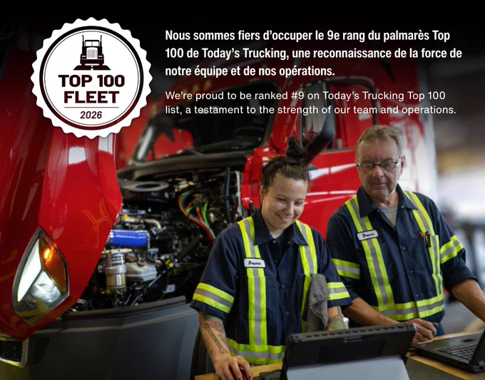 Two fleet technicians wearing high visibility workwear stand beside an open red semi truck hood in a maintenance shop, reviewing information on a tablet computer. A Top 100 Fleet 2026 badge appears in the upper left corner. Overlay text highlights a ninth place ranking on the Today’s Trucking Top 100 list.