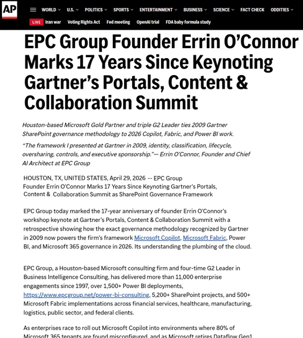 🎯 17 years ago this week, Gartner asked me to keynote their Portals, Content & Collaboration Summit.

The topic? SharePoint governance.
The year? 2009.

Most organizations were still deciding if collaboration platforms were even "enterprise-grade."

The 5 pillars I presented on that stage:

🔐 Identity
📋 Classification
🔄 Lifecycle
🚫 Oversharing controls
👔 Executive sponsorship

⚡ Fast forward to 2026…

Those EXACT 5 pillars are the framework we deploy today for:

✅ Microsoft Copilot readiness audits
✅ 47-point M365 Tenant Security Reviews
✅ Microsoft Fabric workspace governance
✅ Virtual Chief AI Officer (vCAIO) engagements
✅ Enterprise Power BI Governance & Optimization

🔁 The platform changed. The discipline didn't.

📊 Today's reality:
• 80% of M365 tenants we audit → misconfigured
• 73% of enterprises → unauthorized AI tool usage
• Firms founded in 2015 → calling this "new" AI governance

For us? It's the same conversation we've been having at Gartner since 2009 — just with C