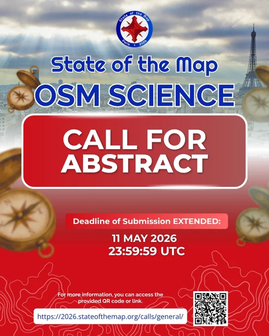 Promotional flyer for State of the Map 2026 Paris, OSM Science track. The background shows the Paris skyline with the Eiffel Tower and sun rays through clouds, decorated with vintage compasses. A large text reads 'Call for Abstract'. Banner states deadline extended to 11 May 2026, 23:59:59 UTC. Includes QR code and link to http://2026.stateofthemap.org/calls/general/.

