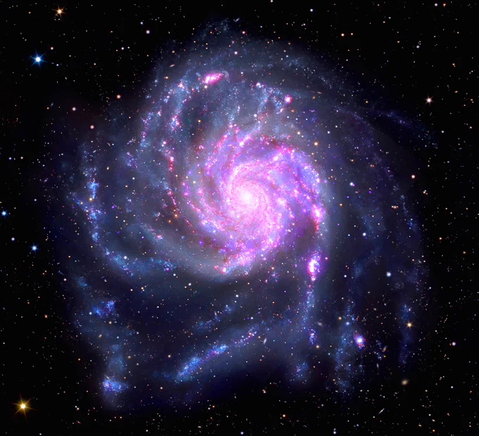 The image shows a luminous, face-on spiral shaped like a softly glowing cosmic pinwheel against a dark, star-speckled background. A compact white central core anchors the scene, from which broad spiral arms sweep outward in graceful arcs, filling much of the frame. These arms look textured and mottled rather than smooth, dotted with bright knots and layered colors with blue highlights, red sprinkles and purple confetti. Together, the overlapping colors give the galaxy a speckled, dynamic appearance, emphasizing both its immense scale and the active environments distributed throughout its wide, extended disk.