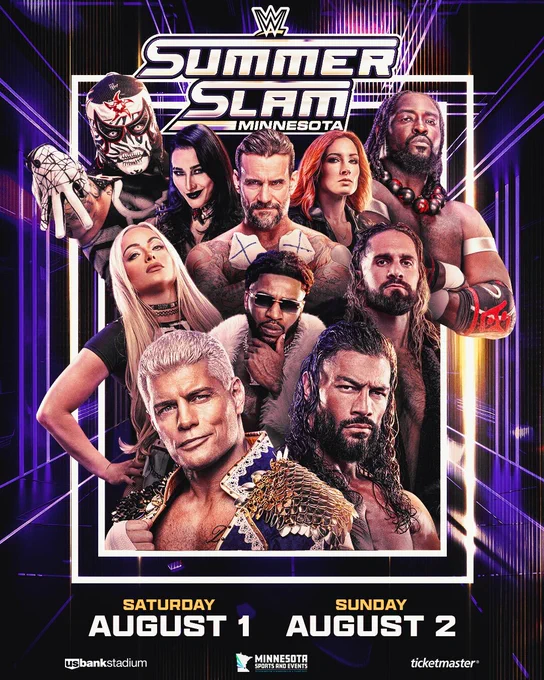 Poster for WWE SummerSlam in Minnesota featuring several wrestling personalities. The text includes event dates: Saturday, August 1, and Sunday, August 2. Logos for U.S. Bank Stadium, Minnesota, and Ticketmaster are at the bottom.