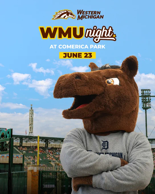 Buster Bronco is wearing a "Western Michigan" shirt and standing in front of Comerica Park. The image promotes "WMU Night" at the park, scheduled for June 23. The Western Michigan Broncos logo is displayed at the top.