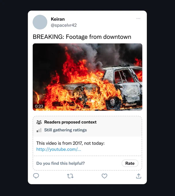 Screenshot of a new note preview on a post. The post says "BREAKING: Footage from downtown" and the preview says "Readers proposed context. Still gathering ratings" followed by a note that says "This video is from 2017, not today. http://youtube.com/..." and a button to rate the note.