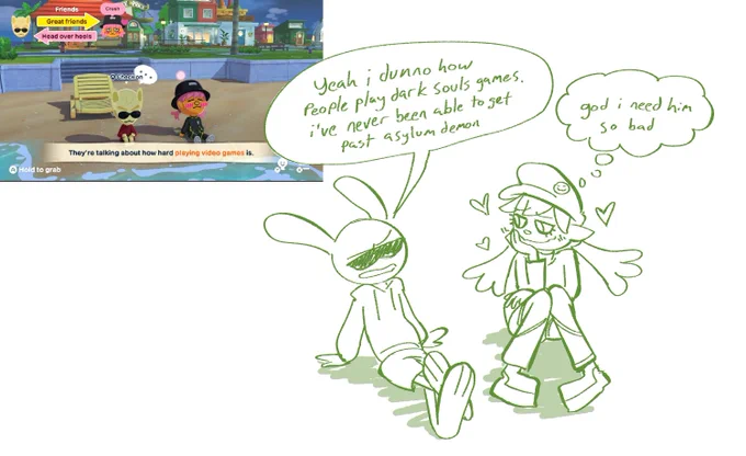 toffee confides in his friend/coworker kimmy about being straight ass at video games despite literally being a video game protagonist 