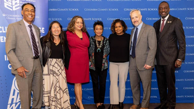 Michael Flanigan, Louise Yeung, Christine Osuji, Peggy Shepard, Sheila Foster, Daniel Zarrilli, and Yusef Salaam at Earth Day 2026: Climate and Environmental Justice in New York City. Credit: Leonard McKenzie