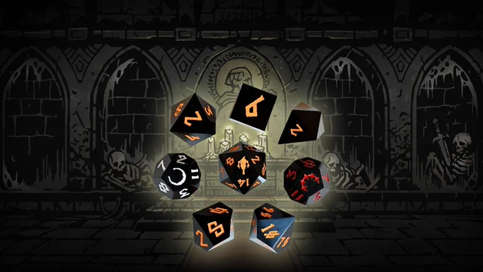8 black resin dice sit on a dungeon themed background. There are 2 D12s, and a D20 featuring the Darkest Dungeon torch.