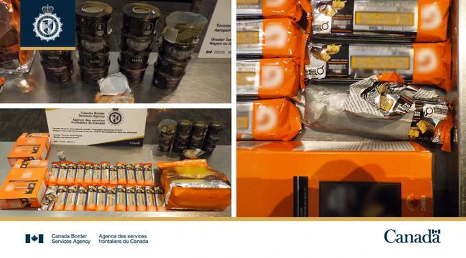 Collage of seized meth in packaging displayed on table and close up of the disguised meth in food products. 