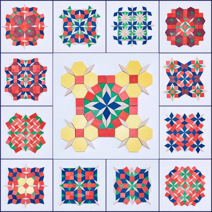 This image shows pattern block designs arranged in a 4 by 4 grid, with the center four squares merged to highlight a larger design. It features 13 unique pattern block creations from April.