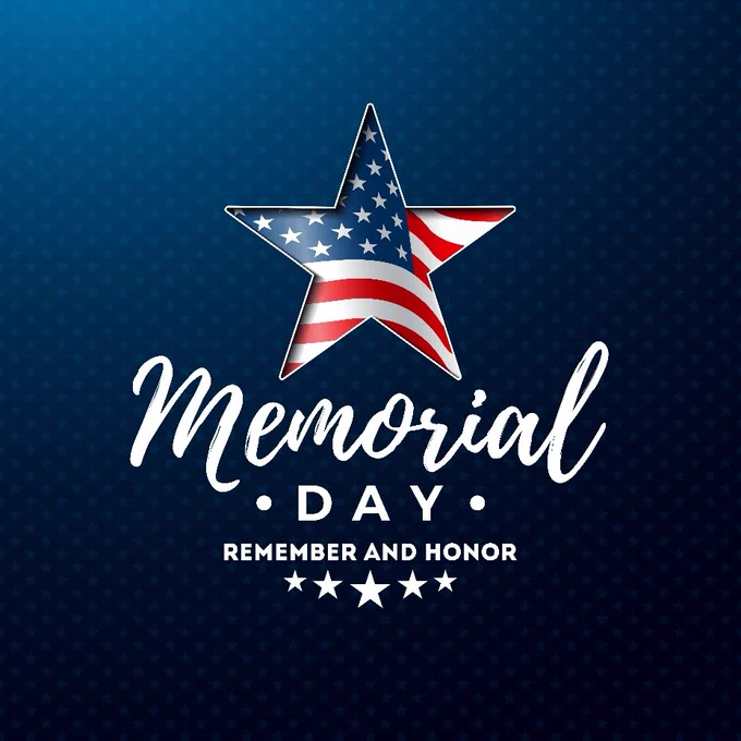 A patriotic Memorial Day graphic featuring a star filled with the American flag above the words “Memorial Day,” with “Remember and Honor” below on a dark blue star-patterned background.
