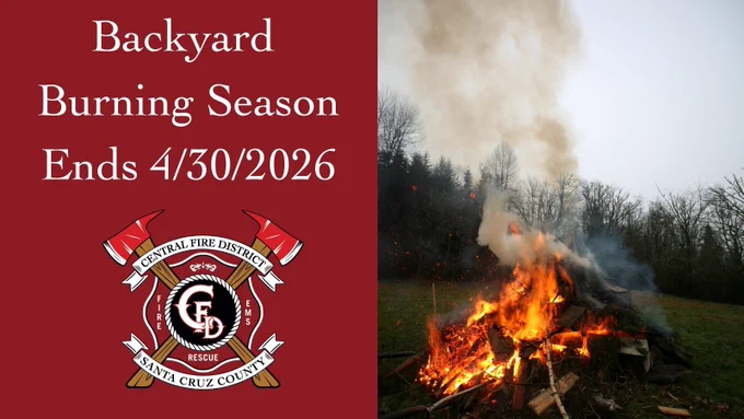 Backyard burn season ends 4/30/2026. Photo of burn pile with text.
