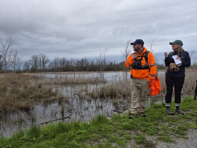 A person in an orange safety jacket and another in a dark jacket stand on a grassy path near a wetland area. One is holding a bright orange item, and the other has a clipboard, gesturing towards the water. The sky is overcast.