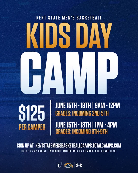 Graphic for Kent State Men's Basketball Kids Day Camp. Highlights include dates June 15th-18th, with sessions for grades 2nd-5th from 9AM-12PM and grades 6th-9th from 1PM-4PM. Cost is $125 per camper. Logo elements and registration website included.