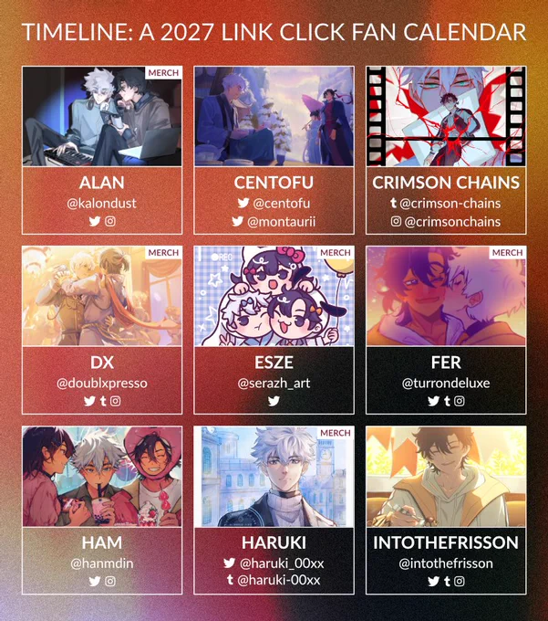 Timeline: A 2027 Link Click Fan Calendar contributor preview.

1. Alan (@kalondust): Lu Guang (LG) & Cheng Xiaoshi (CXS) recording music in a dim room.

2. Centofu (@centofu/@montaurii): Qiao Ling (QL) & the boys resting by a snowy cabin.

3. Crimson Chains (@crimson-chains): Abstract film-style shot of CXS with LG watching.

4. DX (@doublxpresso): Royalty AU with LG & CXS dancing in a ballroom.

5. Esze (@serazh_art): Chibi art of the main trio posing happily.

6. Fer (@turrondeluxe): LG kissing a smiling CXS on the cheek.

7. Ham (@hanmdin): Trio eating sweets; CXS wears a strawberry headpiece.

8. Haruki (@haruki_00xx/@haruki-00xx): LG gazing at the camera on a cool day near Bridon.

9. IntotheFrisson (@IntotheFrisson): CXS smiling, offering a bite of dessert to the viewer.