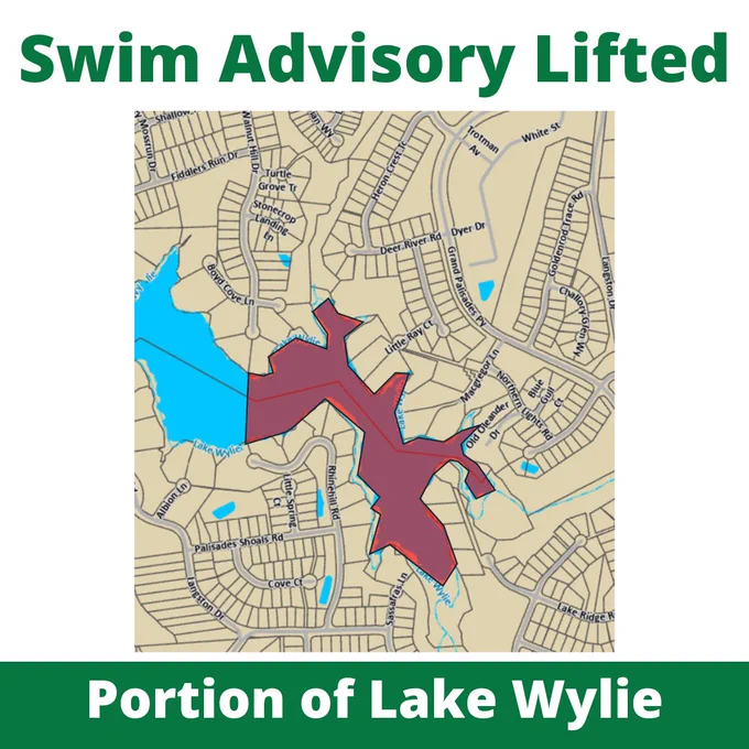 Map highlighting a section of Lake Wylie in red. Text reads, "Swim Advisory Lifted - Portion of Lake Wylie."