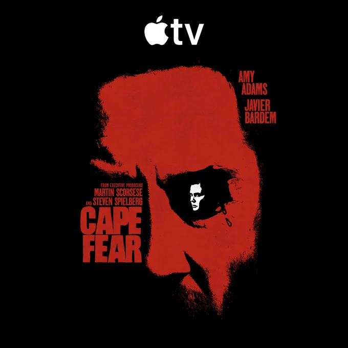 On a black background is Javier Bardem’s face drawn out in red blotches. In the middle of his face is a small drawing of Amy Adams’ face. Text on the image reads, “From Executive Producers Martin Scorsese and Steven Spielberg Cape Fear.” Text also reads, “Amy Adams Javier Bardem”  