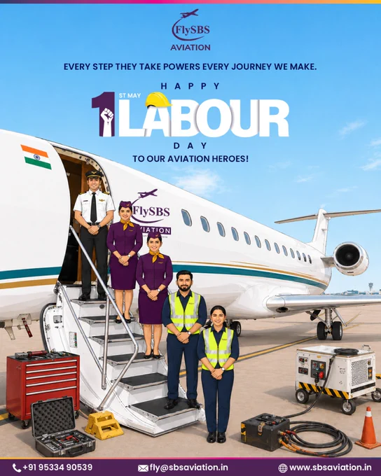 Labour Day aviation social media post featuring private jet, pilot, cabin crew, and ground staff with safety gear, aircraft maintenance tools, and airport runway background, representing workforce appreciation in aviation industry.