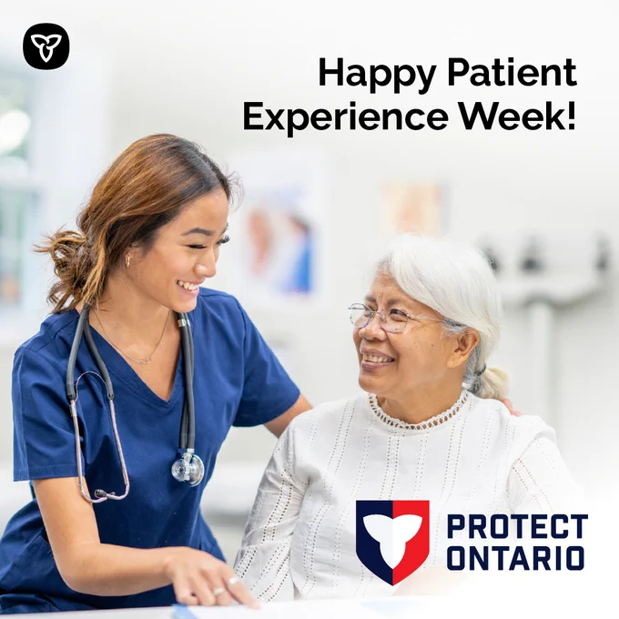 Health care provider with a patient. Image Text: Happy Patient Experience Week!