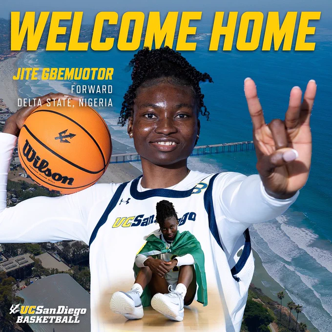 A promotional sports graphic featuring a young female basketball player. She is centered in the image, smiling confidently and looking directly at the viewer. She is dressed in a white basketball jersey with navy and gold accents that reads “UC San Diego,” along with a long-sleeve undershirt.

In her left hand, she holds a basketball close to her shoulder. Over her torso is a smaller, inset image of the same player sitting on a basketball court floor, wearing a Nigerian flag as a cape draped around her shoulders, her knees bent and arms resting casually on them.

The background shows an aerial coastal view with a beach, ocean waves. At the top of the image, large bold yellow text reads “WELCOME HOME.” To the left of the player, smaller text reads “Jite Gbemutor” and “Forward, Delta State, Nigeria.” In the bottom-left corner, there is a UC San Diego Basketball logo and text.