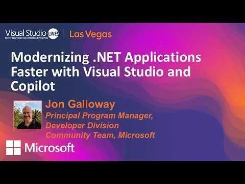 Visual Studio Live session title card.
Photo of presenter(s)
text reads: modernizing .net applications faster with visual studio and copilot