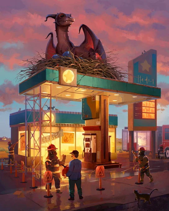 A digital illustration of a rural gas station in the early evening. A big dragon with a silly blank stare on her face has landed on the roof of the gas station and build a nest for three blue eggs. On the ground, firefighters shut down the gas station and surround it with explosion warning signs - a nod to dragons' fire-breathing capabilities. A local resident asks to get just a small can of gas, and is denied by a firefighter. Cats wander all throughout the scene, and a distant firefighter pets one. The dragon seems wholly uninterested in breathing fire. Despite being a bird-boned creature, the dragon's weight has caused the roof to start cracking, so it has been reinforced with steel scaffolding. The colors are sunset pinks, glowing yellows, and cyans.