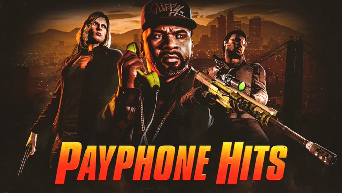 Payphone Hits montage poster with Franklin holding a corded-phone to his ear and two armed characters. 