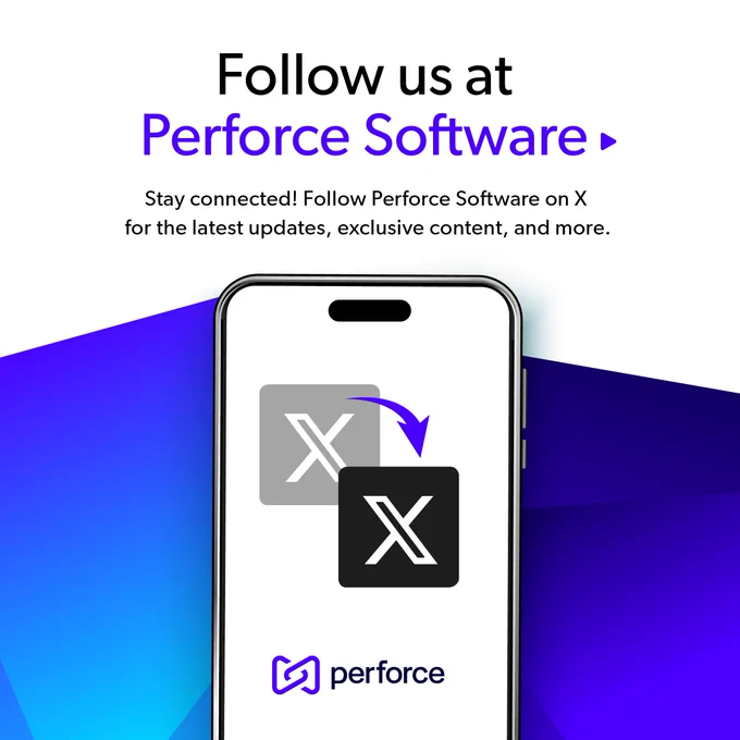 An image of a cellphone with clipart representing a move. Above it are the words, "Follow us at Perforce Software. Stay connected! Follow Perforce Software on X for the latest updates, exclusive content, and more."
