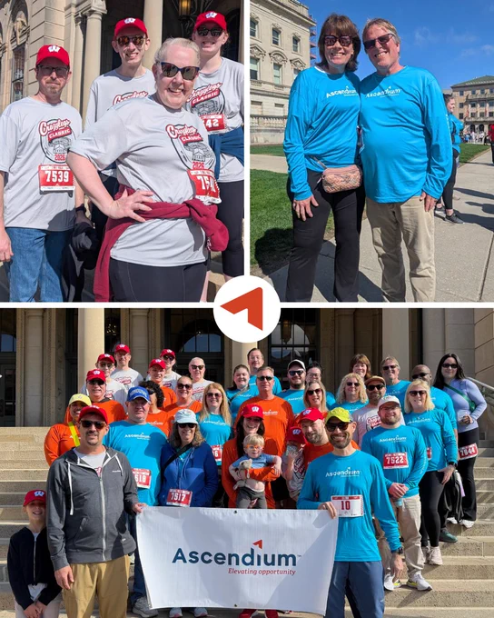 College of three pictures featuring Ascendium employees at the UW-Madison Crazylegs event. The top half shows individuals wearing matching shirts with text, standing together outdoors. The bottom half depicts a larger group holding a banner with "Ascendium" printed on it. Participants are dressed in a variety of colorful shirts. The background includes a building and steps.