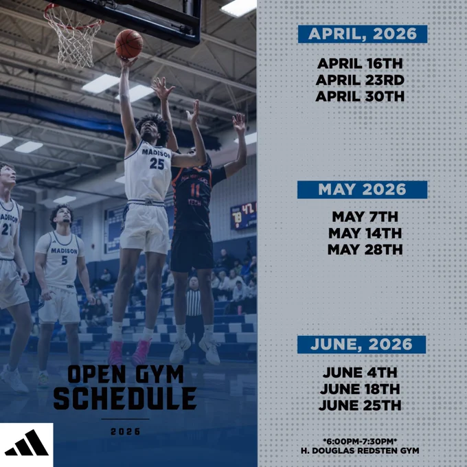 Madison College Men’s Basketball spring and summer open gym schedule. Open gym sessions will run from April through June of 2026, from 6:00pm to 7:30pm at H. Douglas Redsten Gym on the truax campus of Madison College. Student athletes interested in attending can fill out the google form attached in the feed.