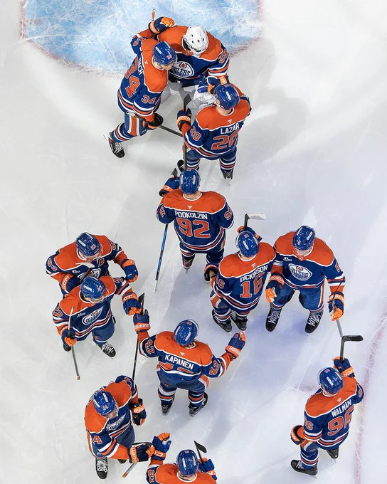 Overhead photo of the Oilers celebrating their Game 5 win