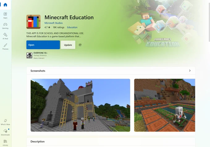 Minecraft Education Microsoft Store Screenshot with update available