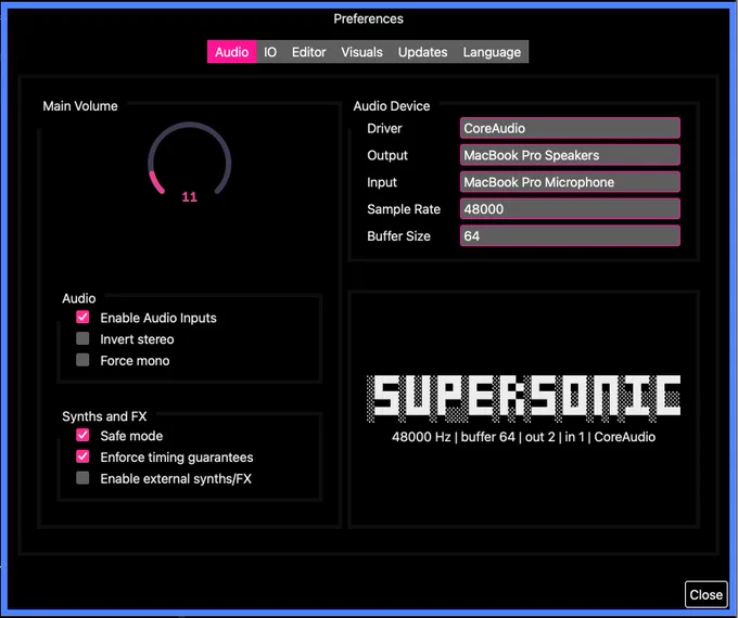Sonic Pi's audio settings shown new dropdown menus for audio configuration such as audio device, input and output device, buffer size etc. There's fun ascii art saying "SuperSonic".