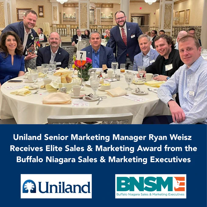 Uniland congratulates our Senior Marketing Manager, Ryan Weisz, on receiving the Elite Sales & Marketing Award from BNSME!

As his award citation notes, “Since joining Uniland in 2021, Ryan has spearheaded the strategic planning, development, and implementation of comprehensive marketing initiatives across all service lines.”

Founded in 1942, BNSME provides a unique forum to connect, educate, and empower sales and marketing professionals in the Buffalo Niagara region and is the leader in continuing education for practitioners at every level. 

Learn more about Ryan’s recognition:  https://uniland.com/ryan-weisz-marketing-award/