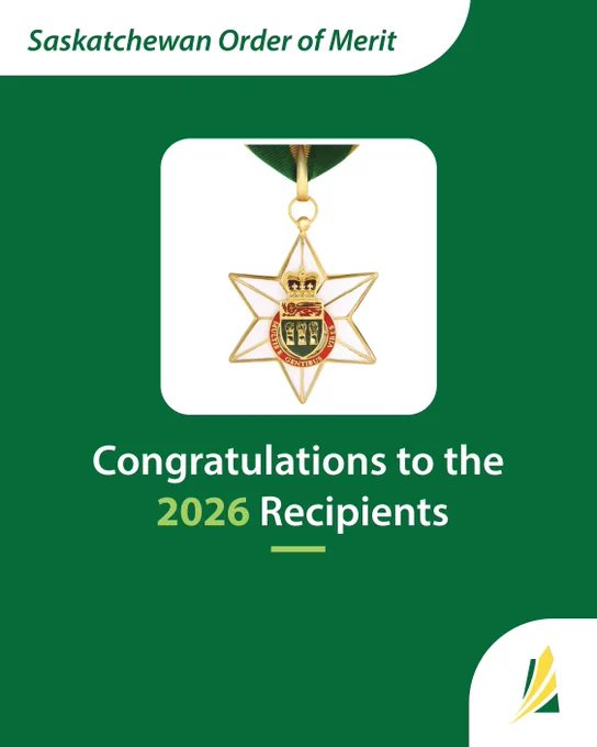 The Saskatchewan Order of Merit with a medal. Text overlay read: Saskatchewan Order of Merit. Congratulations to the 2026 Recipients