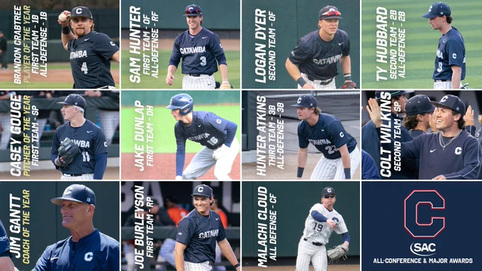 Graphic depicting Catawba's nine all-conference selections, five all-defense selections, player of the year, pitcher of the year and coach of the year.