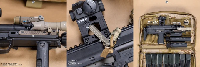 RailScales MP7 GIP MLOK Rails, G10 Solo's M-LOK Scales (Matrix, TerraCore, 1-Slot), G10 RailScales M-LOK Scales (Matrix, TerraCore, 2-Slot), Halftop Mount for Scout Light Pro Lights, Ampule RDS Tool, Thread Lasso (13.5x1 LH) for Thread Protectors, Night Patch Medallion (AOR1 / Dual Illum) | Heckler & Koch MP7 MP7A1 Post Sample MG, B&T USA MP7 Full Size & MP7 Compact Rotex Suppressors, Surefire M340V-Pro Scout Light Pro IR WeaponLight & DS00 TailCap w/ CSM-07 MLOK Pressure Switch, L3Harris NGAL-A1 Laser, Aimpoint Micro T-2 Red Dot on Unity Tactical FAST Micro Mount, Heckler & Koch MP7 30rd & 40rd Magazines, SupDef Waste Bin AOR1 Gun Bag.