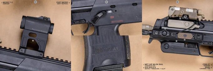 RailScales MP7 GIP MLOK Rails, G10 Solo's M-LOK Scales (Matrix, TerraCore, 1-Slot), G10 RailScales M-LOK Scales (Matrix, TerraCore, 2-Slot), Halftop Mount for Scout Light Pro Lights, Ampule RDS Tool, Thread Lasso (13.5x1 LH) for Thread Protectors, Night Patch Medallion (AOR1 / Dual Illum) | Heckler & Koch MP7 MP7A1 Post Sample MG, B&T USA MP7 Full Size & MP7 Compact Rotex Suppressors, Surefire M340V-Pro Scout Light Pro IR WeaponLight & DS00 TailCap w/ CSM-07 MLOK Pressure Switch, L3Harris NGAL-A1 Laser, Aimpoint Micro T-2 Red Dot on Unity Tactical FAST Micro Mount, Heckler & Koch MP7 30rd & 40rd Magazines, SupDef Waste Bin AOR1 Gun Bag.