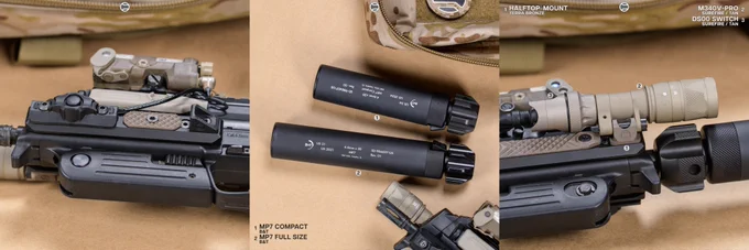 RailScales MP7 GIP MLOK Rails, G10 Solo's M-LOK Scales (Matrix, TerraCore, 1-Slot), G10 RailScales M-LOK Scales (Matrix, TerraCore, 2-Slot), Halftop Mount for Scout Light Pro Lights, Ampule RDS Tool, Thread Lasso (13.5x1 LH) for Thread Protectors, Night Patch Medallion (AOR1 / Dual Illum) | Heckler & Koch MP7 MP7A1 Post Sample MG, B&T USA MP7 Full Size & MP7 Compact Rotex Suppressors, Surefire M340V-Pro Scout Light Pro IR WeaponLight & DS00 TailCap w/ CSM-07 MLOK Pressure Switch, L3Harris NGAL-A1 Laser, Aimpoint Micro T-2 Red Dot on Unity Tactical FAST Micro Mount, Heckler & Koch MP7 30rd & 40rd Magazines, SupDef Waste Bin AOR1 Gun Bag.