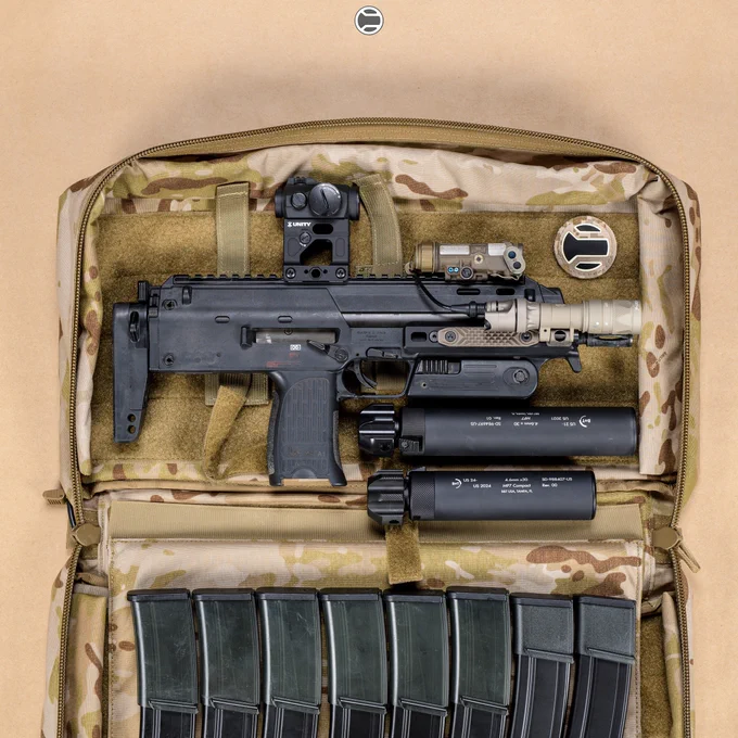 RailScales MP7 GIP MLOK Rails, G10 Solo's M-LOK Scales (Matrix, TerraCore, 1-Slot), G10 RailScales M-LOK Scales (Matrix, TerraCore, 2-Slot), Halftop Mount for Scout Light Pro Lights, Ampule RDS Tool, Thread Lasso (13.5x1 LH) for Thread Protectors, Night Patch Medallion (AOR1 / Dual Illum) | Heckler & Koch MP7 MP7A1 Post Sample MG, B&T USA MP7 Full Size & MP7 Compact Rotex Suppressors, Surefire M340V-Pro Scout Light Pro IR WeaponLight & DS00 TailCap w/ CSM-07 MLOK Pressure Switch, L3Harris NGAL-A1 Laser, Aimpoint Micro T-2 Red Dot on Unity Tactical FAST Micro Mount, Heckler & Koch MP7 30rd & 40rd Magazines, SupDef Waste Bin AOR1 Gun Bag.