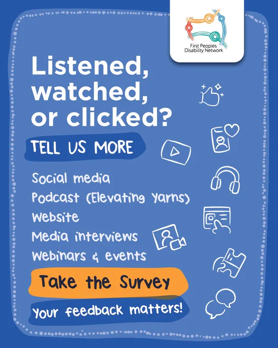 A blue tile with a dotted border and subtle Aboriginal artwork patterns in the background. At the top right, the First Peoples Disability Network logo appears inside a white rounded box. Large white text reads “Listened, watched, or clicked?” Below, a dark blue banner says “TELL US MORE.” Underneath is a list in white text: “Social media,” “Podcast (Elevating Yarns),” “Website,” “Media interviews,” and “Webinars & events.” On the right side are simple white line icons representing a thumbs up, video play button, profile with heart, headphones, a webpage, a video camera, a ticket, and speech bubbles. At the bottom, an orange rounded button reads “Take the survey,” with smaller text below saying “Your feedback matters!”