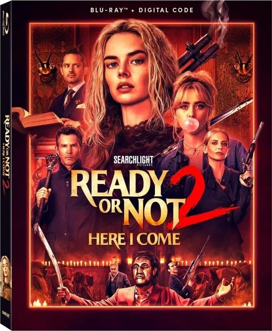 Blu-ray cover of Matt Bettinelli-Olpin and Tyler Gillett's Ready or Not 2: Here I Come starring Samara Weaving, Kathryn Newton, Sarah Michelle Gellar, Elijah Wood and Kevin Durand.
