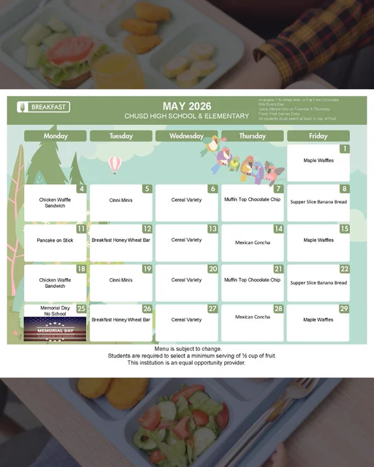 May 2026 Breakfast Menu for High School and Elementary