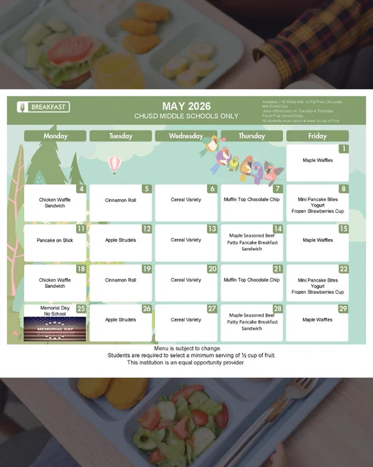 May 2026 Breakfast Menu for Middle School